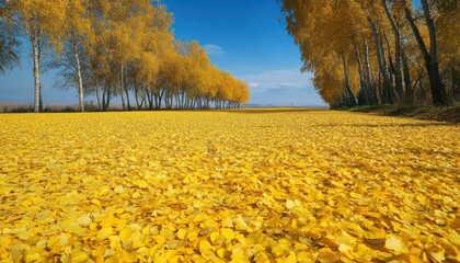 Golden Autumn Leaves Covering a Path Through a Birch Tree Grove
