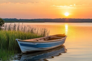 Naklejka premium Wooden rowboat on lake at sunset with reeds and reflection in calm water