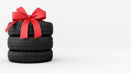 Stacked black tires adorned with a red ribbon and bow create a festive display on a white backdrop