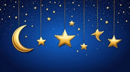 Naklejka premium Celestial Night Sky with Hanging Golden Stars and Crescent Moon
