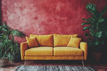 Cozy and Inviting Mustard Yellow Sofa in Terracotta Hued Living Room with Lush Tropical Greenery