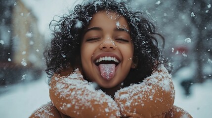 Fototapeta premium Happy Young Woman Playing In The Winter Snow