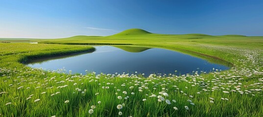 Fototapeta premium A winding river gracefully traverses a lush green valley under a bright, clear blue sky above