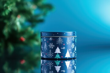 Christmas product package, A festive blue tin container featuring winter-themed designs, reflecting light, with a blurred Christmas tree in the background.