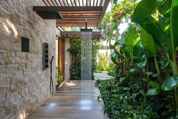 Modern outdoor shower with stone wall and tropical plants.