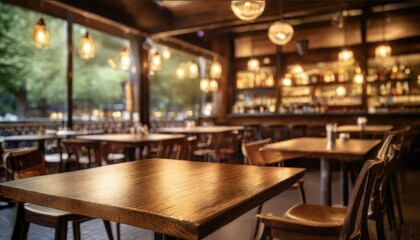 Wooden board empty table in front of blurred background Mockup restaurants, Kitchen