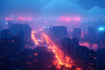 Obraz premium An urban cityscape at night with efficient LED streetlights and minimal energy use, celebrating National Energy Conservation Day. Generative AI