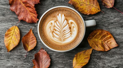 A cozy cup of latte art surrounded by autumn leaves on rustic wooden surface, evoking warmth and seasonal charm.