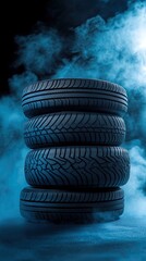 Winter tire season displays stacked tires with smoke and light effects for automotive enthusiasts
