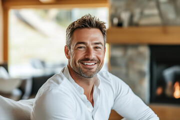 Fototapeta premium Smiling man relaxes in cozy home