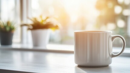 Fototapeta premium A serene morning scene featuring a white coffee mug on a table, with sunlight streaming through a window and potted plants in the background.