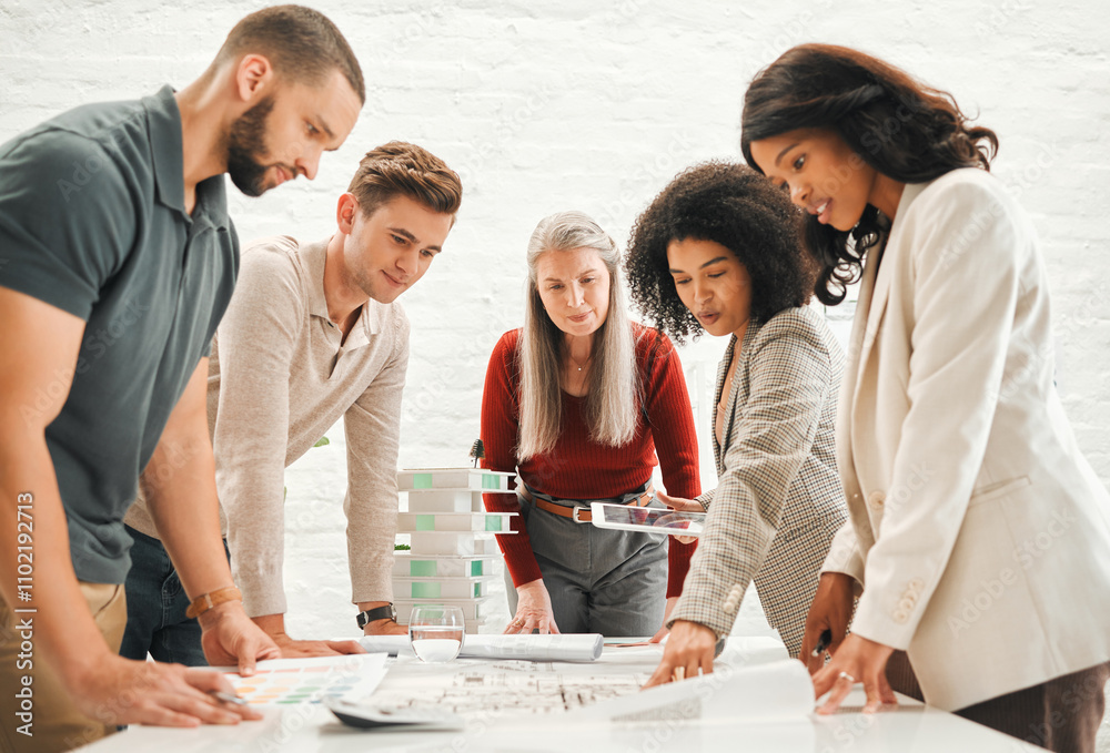 Poster architecture, pointing and tablet with business people in office together for building or discussion