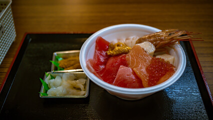 Aomori Gyosai Center fish market, Sashimi seafood, Aomori Nokke don with salmon, akami, chutoro, otoro, octopus, sweet shrimp or uni. local japanese food. freshness meal, travel destination.