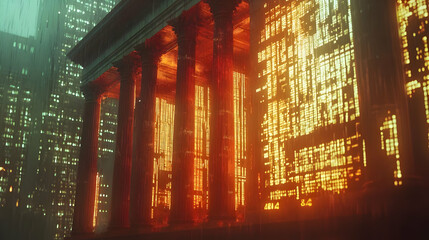 Rainy Night Digital Art: Cyberpunk Building with Glowing Columns