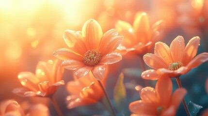 Fototapeta premium A close-up of vibrant orange flowers glistening with dew in soft, warm sunlight.