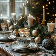 Fototapeta premium Elegant Christmas table setting with candles, ornaments, and greenery.
