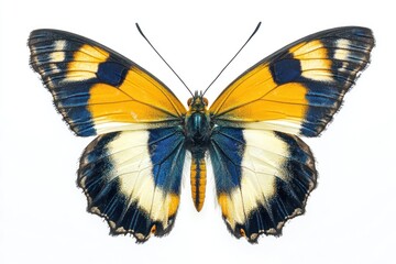 Fototapeta premium A colorful butterfly with orange, blue, and black markings on its wings, isolated on a white background.