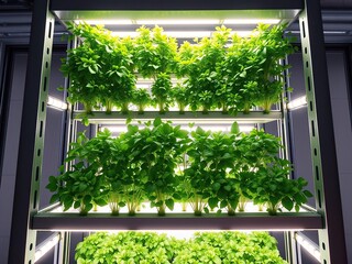 Fototapeta premium Overhead view of vertical farm rack with lush green plants in LED light, vertical farming, plant growth, led grow lights