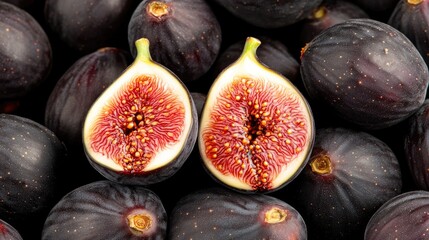 Fresh black figs with beautifully cut halves showcasing vibrant internal patterns arranged artfully for a top view