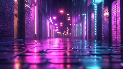 Fototapeta premium Nighttime city street illuminated by vibrant neon lights reflecting on wet pavement in a bustling urban environment