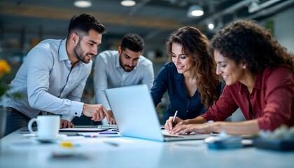 A diverse team of businesspeople collaborate on laptops, smiling as they work together in a modern office