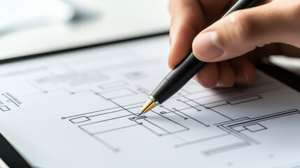 hand holding pen is drawing technical diagrams on tablet screen, showcasing precision and creativity in design