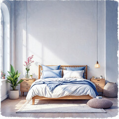 Watercolor Illustration of Bedroom Interior Design with Space for Text