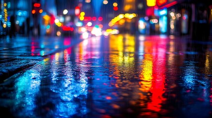 City street illuminated by vibrant neon lights and reflecting rain at night