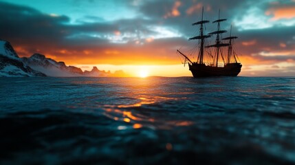 Fototapeta premium art illustration of big ancient pirate ship sailing on rough sea