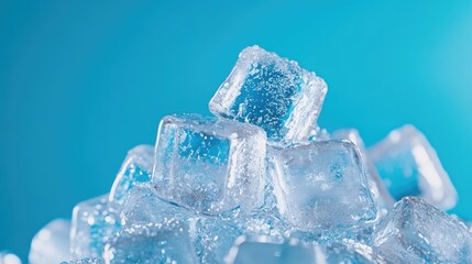 Captivating close-up of glistening ice cubes in stunning blue tones for refreshing beverages and cool cocktails