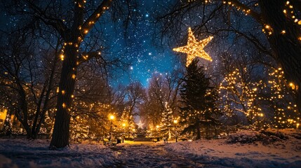 An enchanting winter landscape under a starry sky, where the Christmas star stands out among the twinkling lights.