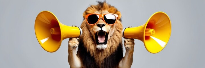 Cool lion in sunglasses holding megaphone. Marketing, sale, discount concept. Website banner. Copy space template