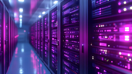 Fototapeta premium Purple Glow 3D Server Room Illustration