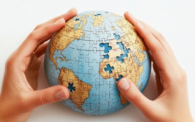 a 3D globe designed as a puzzle with missing pieces being placed by human hands