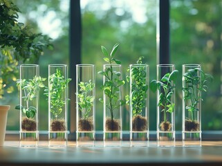 Row of Test Tubes with Lush Green Plants Growing Inside. AI generated illustration