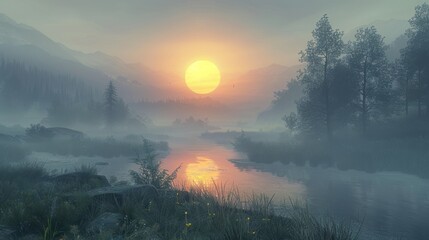 Obraz premium Misty sunrise over tranquil river in mountains.