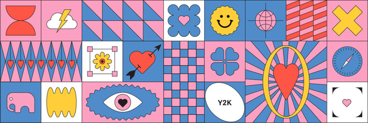 Geometric composition. Trendy funny stickers Y2k. Checker board print. Retro abstract elements. Flat design. Vibrant colors, funky style, zine aesthetic. Vectored shapes, retro vibes. Valentine Hearts