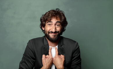  feeling happy, surprised and proud, pointing to self with an excited, amazed look