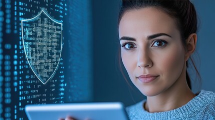 Young businesswoman engages with digital security while working in a modern office environment during the evening hours