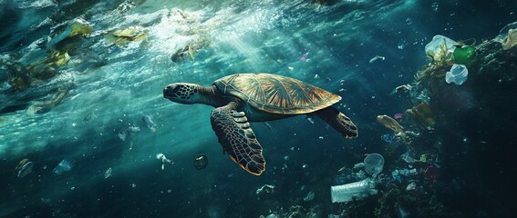 Fototapeta premium Adolescent Turtle Swimming Amidst Ocean Plastic Waste. AI generated illustration