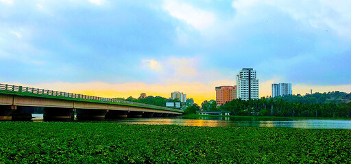 city skyline at sunset