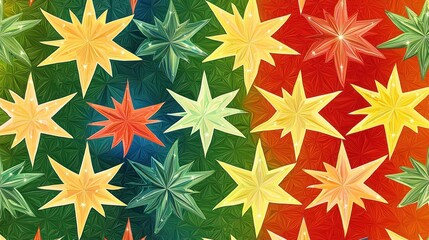 A vibrant design of repeating Christmas star motifs in a colorful arrangement, ideal for festive fabrics or decorations.