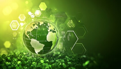 Eco-Friendly Technology Symbols and Globe on Green Background. AI generated illustration