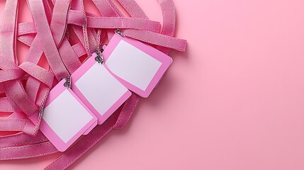 Pink lanyards with blank name tags on pink background.