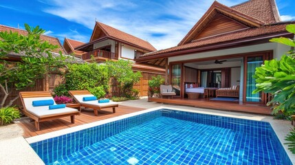 Fototapeta premium Luxurious Tropical Villa with Private Pool and Lush Garden