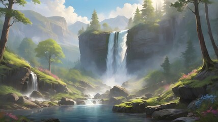 waterfall cascading down a rugged cliff surrounded by lush greenery cartoon art