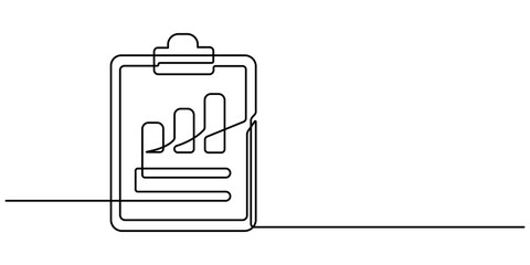 Continuous line drawing of clipboard. Growth graph icon business, bar chart, object one line, single line art, vector illustration, Continuous one line drawing of   clipboard paper with graph and pen.