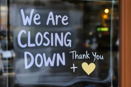 Storefront window with a handwritten sign announcing a closing down sale, featuring a heart symbol and 'Thank You.'