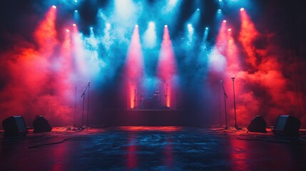 A concert stage illuminated by colorful lights, creating an energetic atmosphere for performances.