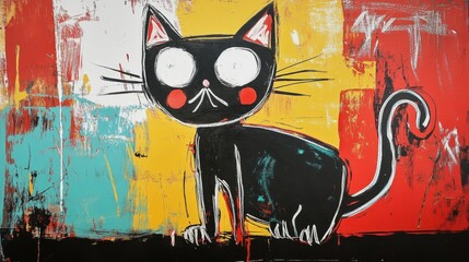 Obraz premium funny cat, unique graffiti oil painting artful illustration with grungy texture, expressive funky graffiti 